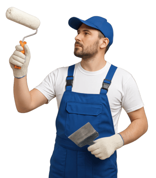 male painter in blue overalls holding roller and spatula wearing gloves and cap on transparent background png