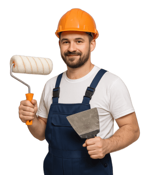 smiling male painter with roller and spatula wearing orange helmet and blue overalls png