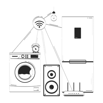 Connected via Wi-Fi smart home appliances doodle line illustration concept. IoT fridge, washer, alarm clock, speaker, lightbulb 2D outline composition isolated. Hand drawn ink metaphor monochrome vector