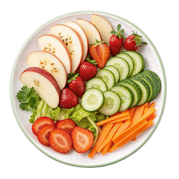 a plate with sliced fruit and vegetables on it png