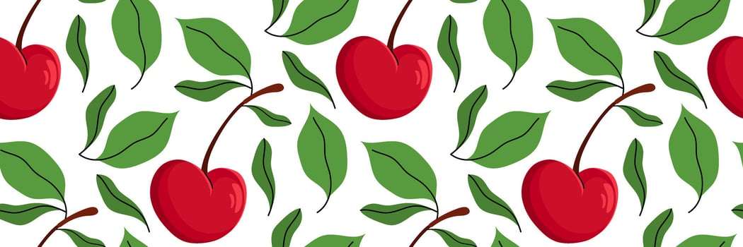 Seamless pattern with red cherry and green foliage. Spring garden background. Harvest, farm and agriculture. Perfect for textile, menu, packaging, kitchen design. Flat illustration. vector