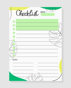 Summer Checklist with monstera leaves. Template for print, planner, diary, shopping, organizer, to do list, notes. vector