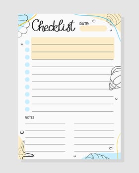 Summer Checklist with sea pattern. Template for print, planner, diary, shopping, organizer, to do list, notes. vector
