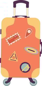 Suitcase in hand drawn, cartoon style. Travel luggage with decorative stickers. Suitable for vacation, airport and tourism themed designs. White background. vector