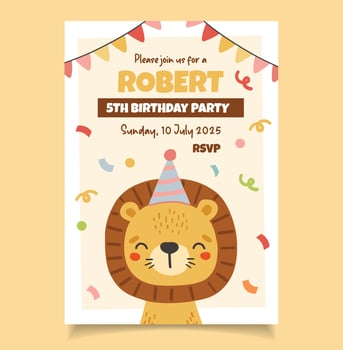 Birthday party Invitation, Birthday animals collection, cake, gifts, lion, boy party invitation vector