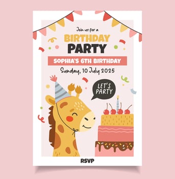 Birthday party Invitation, Birthday animals collection, cake, gifts, giraffe, girl party invitation vector