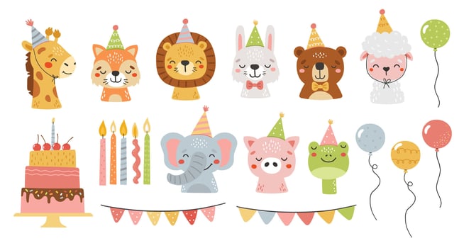 Birthday animals collection, cake, gifts. Birthday party set. Invitation, sticker, greeting card vector