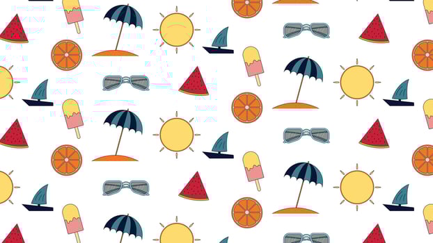 Colorful summer background with playful icons like sun umbrellas fruits and boats perfect for wrapping paper textiles wallpaper and seasonal digital backgrounds vector