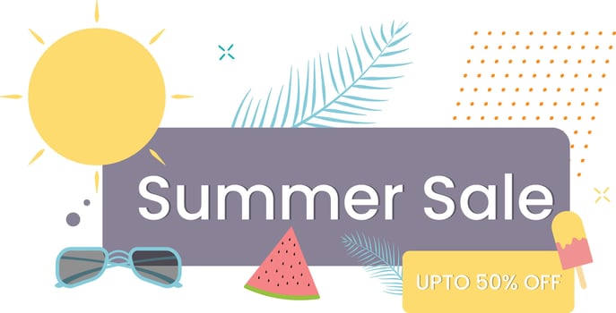 Colorful summer sale design featuring sun watermelon sunglasses and ice cream with discount for promotions ads and seasonal offers vector