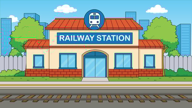 A cartoon illustration of a railway station vector