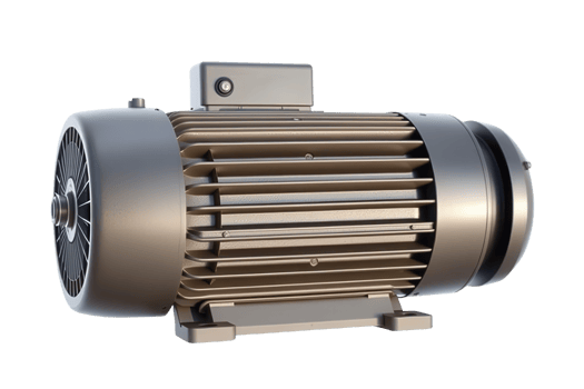 An electric motor with a metal housing and cooling fins isolated on a transparent background png
