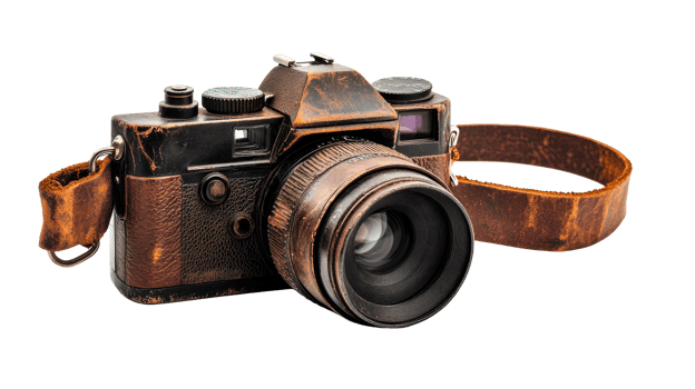 Worn leather vintage camera details png
