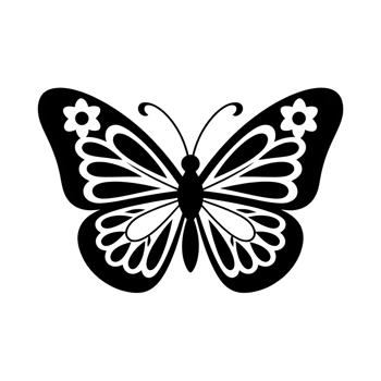 Butterfly silhouette with floral accents, intricate wing patterns, monochrome art png