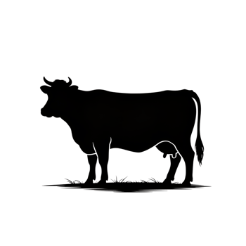Cow silhouette standing in grass field, farm animal, livestock, mammal png