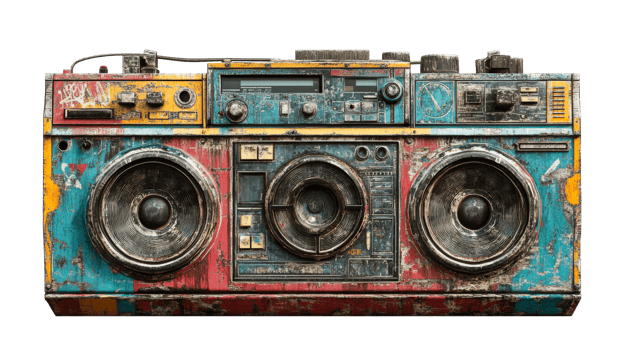 Colorful vintage boombox with a worn finish png