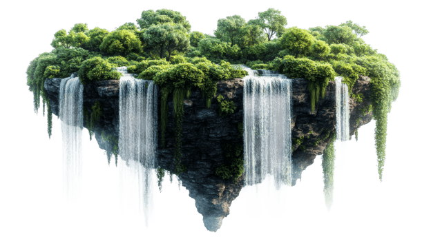 Lush floating island with waterfalls png