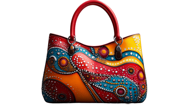 Colorful handbag with intricate design patterns png