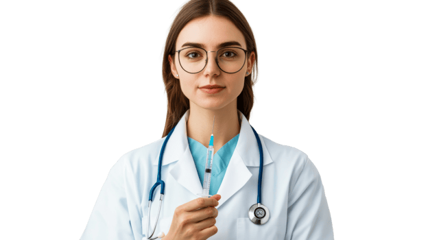 Confident young doctor holding syringe in clinic png