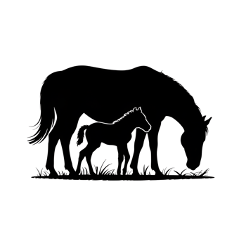 Horse silhouette with foal grazing in grass, equine family scene, farm animal png