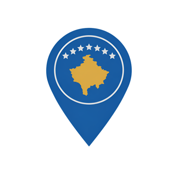 Kosovo map pin icon with stars and gold country shape on blue pointer symbol isolated png