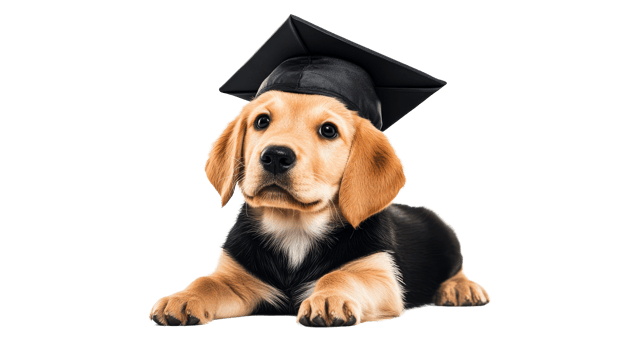 Cute puppy in graduation cap poses for celebration png