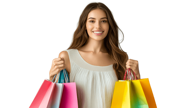 Young woman smiling with shopping bags in hand png