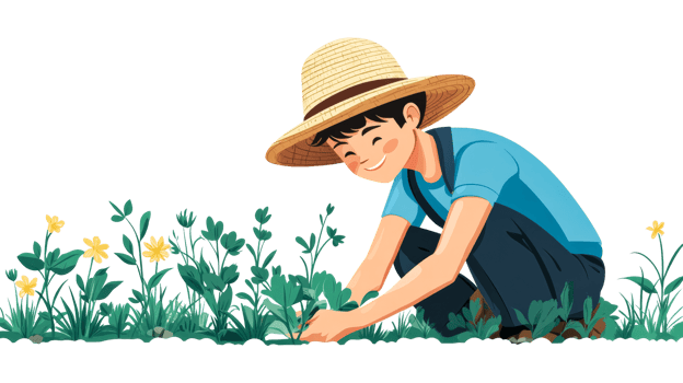 Young gardener tending plants in a vibrant garden png