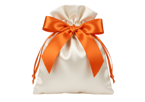 Satin pouch with orange ribbon tie, isolated gift packaging for party favors png