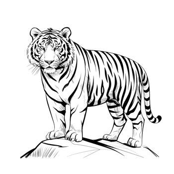 Tiger illustration standing tiger with stripes on a rock, line art style png