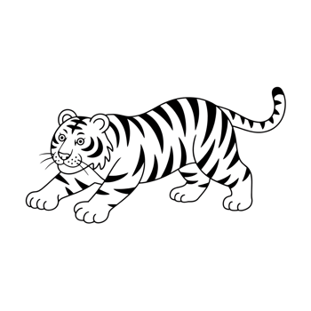 Tiger illustration, cartoon style, stalking pose, striped pattern, outline drawing, animal png
