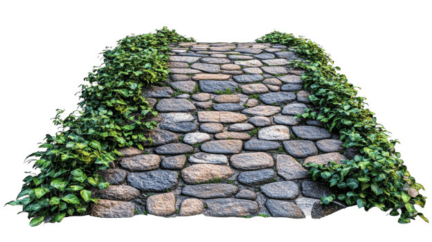 Stone pathway lined with lush green plants png