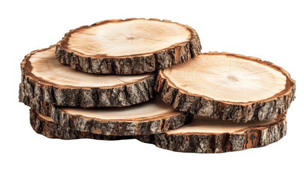 Natural wood slices stacked for crafting projects png