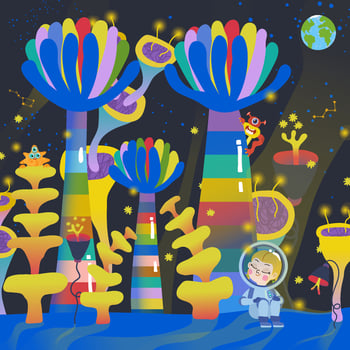 illustration of kids astronaut on a another planet trip across the fantasy galaxy vector