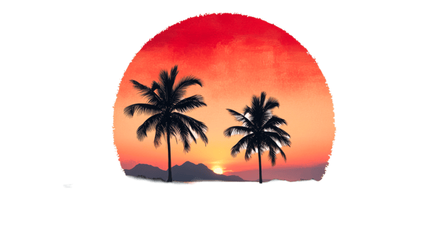 Vibrant sunset with palm trees on a tropical beach png