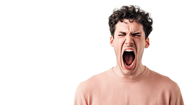Young man yawning in a relaxed indoor setting png