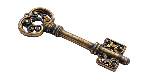 Ornate vintage bronze key, cut out transparent png