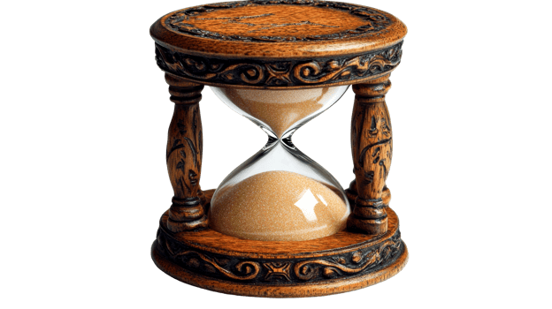 Detailed hourglass with wooden frame, cut out transparent png