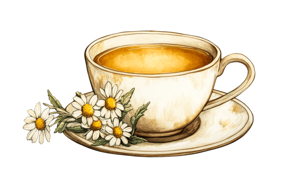 Teacup with chamomile blooms, cut out transparent png