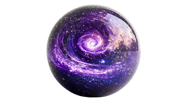 Galaxy globe, cosmic sphere on black, cut out transparent png