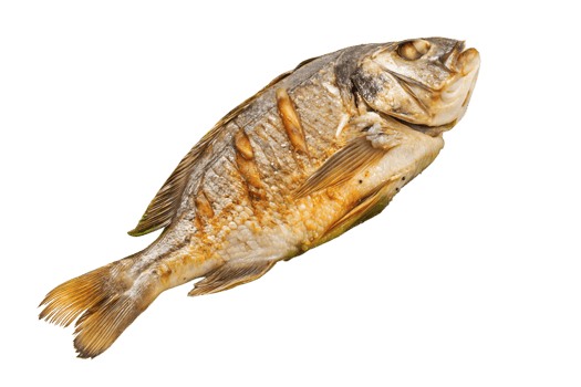 Cooked Whole Fish Dish with Green Lettuce on White Plate Perfect for Dinner Recipes png