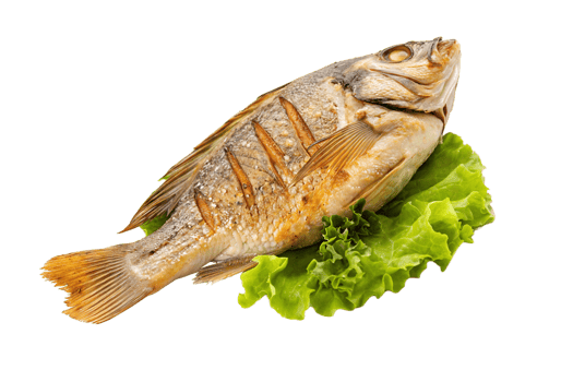 Roasted Whole Fish Plated with Crisp Lettuce Ideal for Seafood Lovers and Food Blogs png