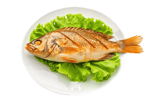 Whole Grilled Fish Served on Fresh Green Lettuce Perfect for Healthy Seafood Meals png