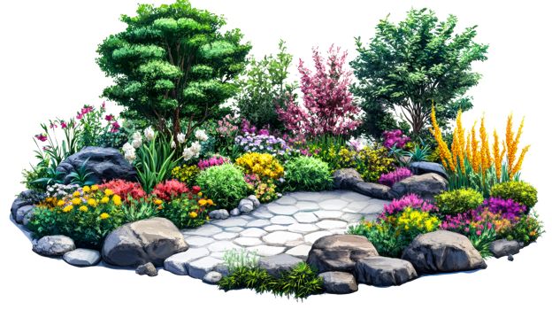 Pathway through blooming garden, cut out transparent png