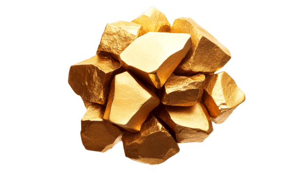 Gold nugget heap on black background, cut out transparent png