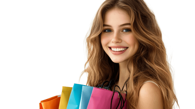 Smiling woman with shopping bags, cut out transparent png