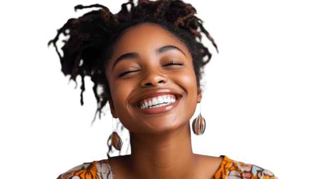 Smiling African descent woman eyes closed, cut out transparent png