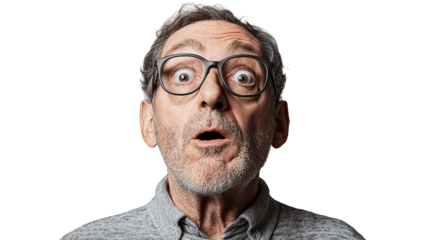 Astonished mature adult with glasses, cut out transparent png