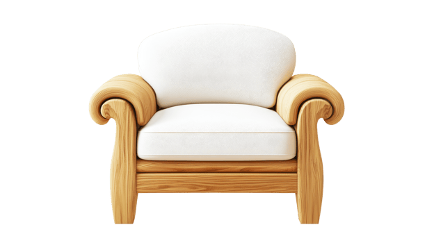 White cushioned wood chair, cut out transparent png