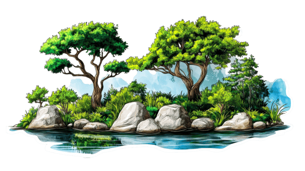 Waterside with Trees and Rocks, cut out transparent png