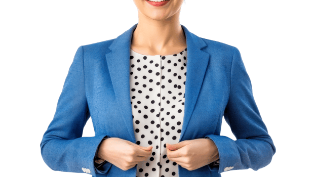 Woman in blue blazer, torso view, cut out transparent png